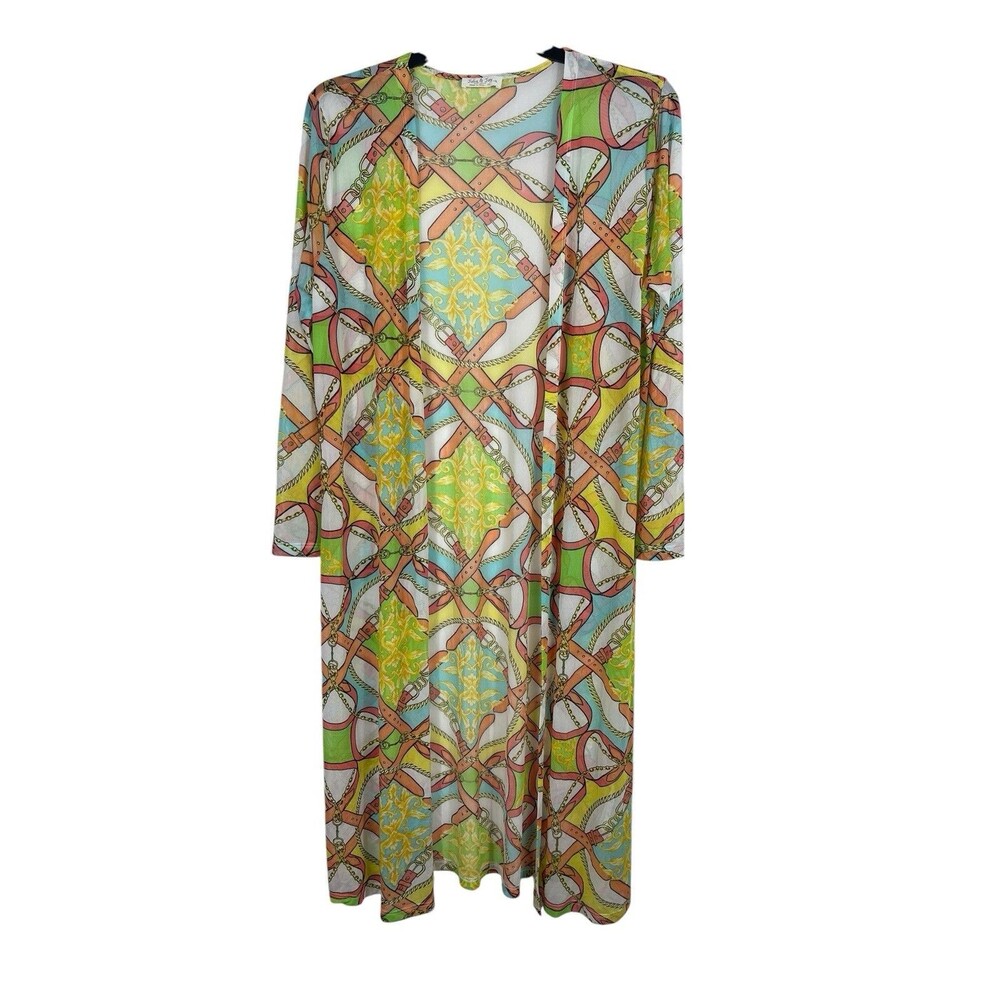 Jolie & Joy Duster Sheer Mesh Cardigan 2X Baroque Equestrian Chain Print Open